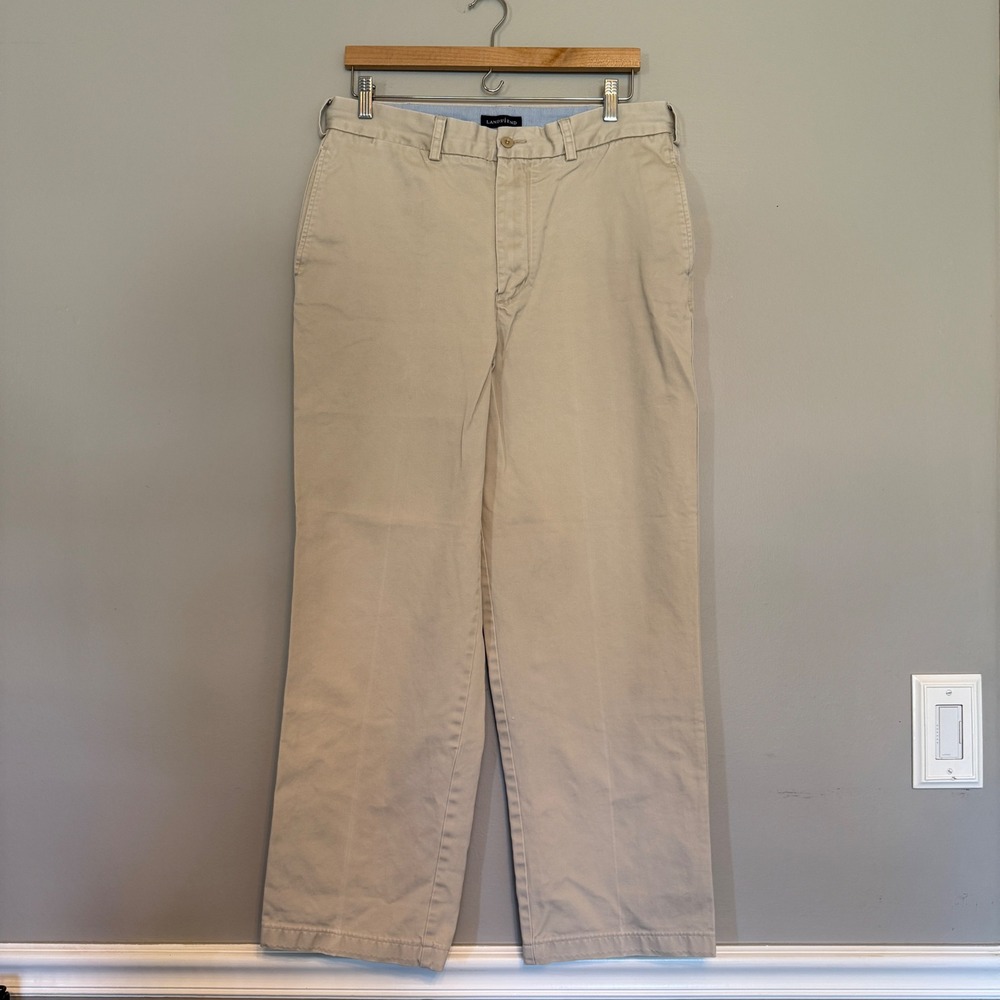 Lands End Mens Khaki Chino Pants Straight Leg Tan Cotton Trousers 34x30 34756